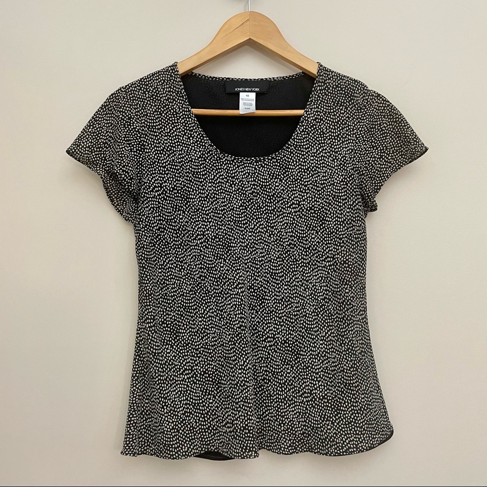 JONES NEW YORK Silk Black Cream Polka Dot Short Sleeve Blouse Women’s Size 10